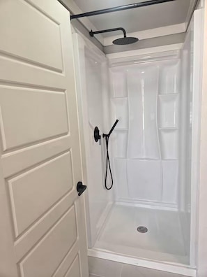 A white door with a black handle, leading to a shower area with a transparent door and a showerhead.