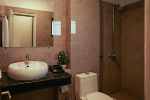 Une salle de bain avec un lavabo blanc, un miroir, des toilettes et un espace douche.