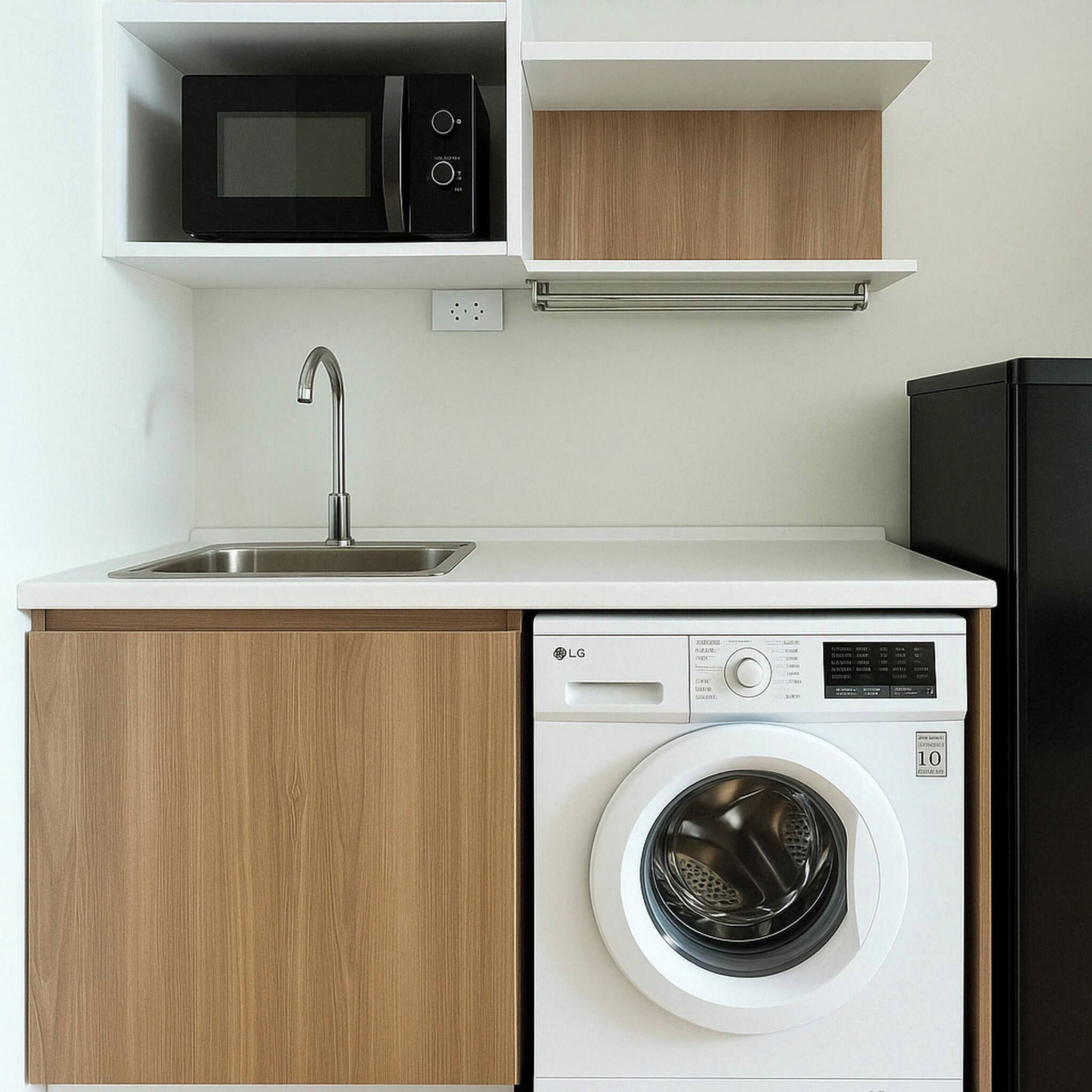A compact kitchen with a microwave, sink, and washing machine.
