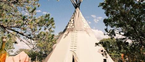 Un tipi con una escalera, un camino empedrado y un letrero con el número '050'.
