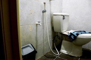 Een badkamer met een toilet, douche en een prullenbak.