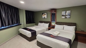 A hotel room with two beds, a TV, a mirror, and a window with curtains. - Enrich Hotel Semenyih (Semenyih)