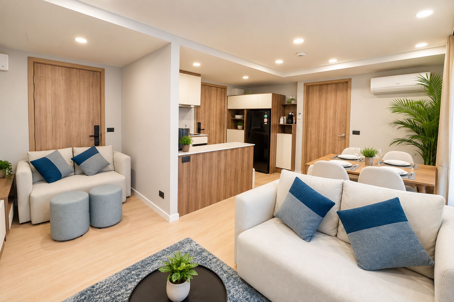 A modern living room with a sofa, ottomans, and a coffee table. There is a dining area with a table set for two. The kitchen is visible with wooden cabinets and a refrigerator.