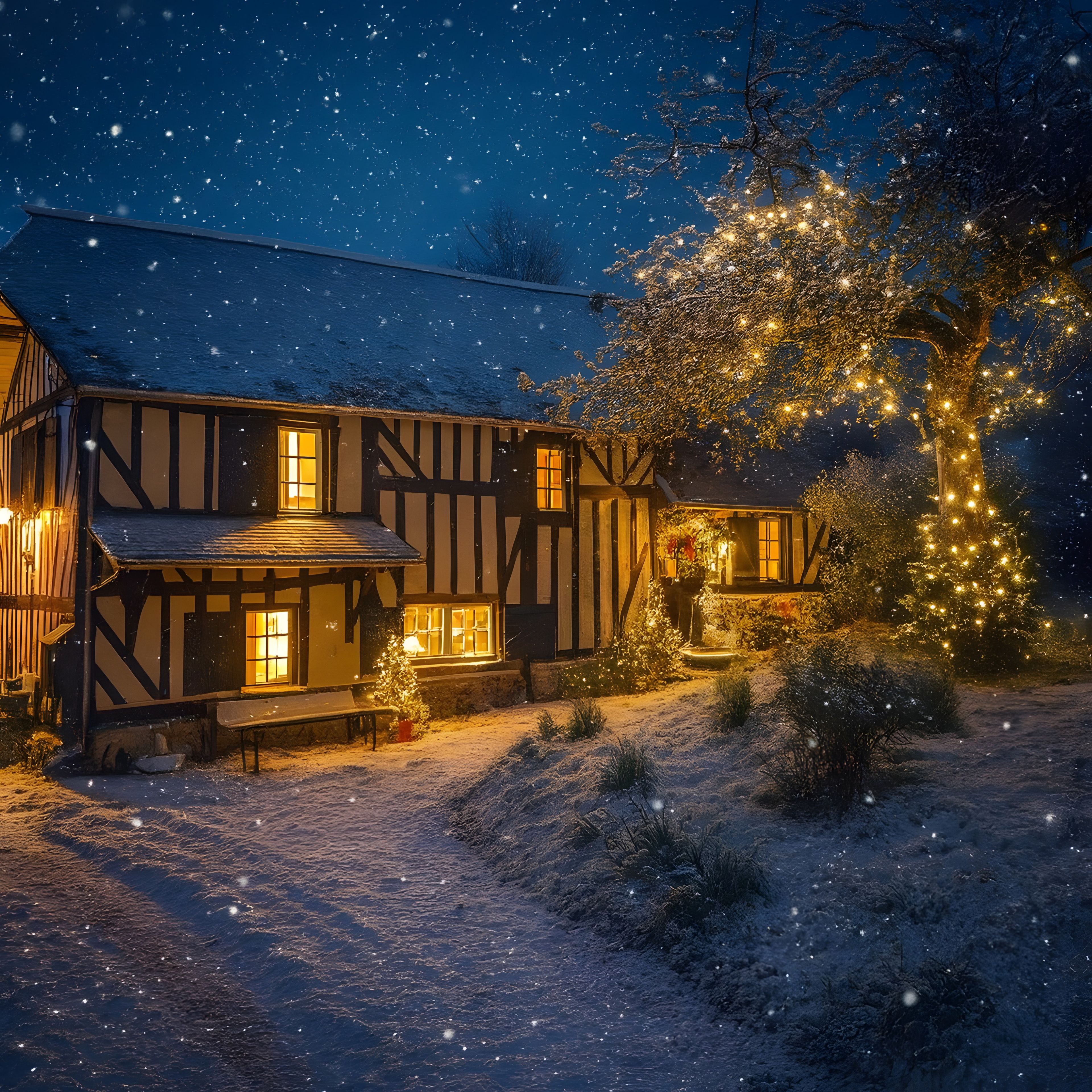 A traditional timber-framed house with a snow-covered yard and illuminated windows.