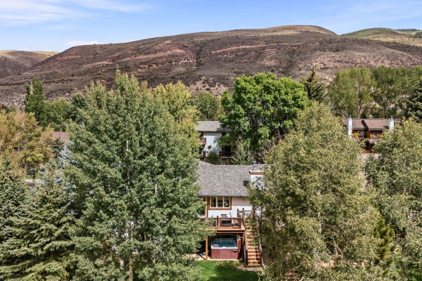 Un chalet doté d’un bain à remous, entouré d’une forêt dense et avec des montagnes en toile de fond.