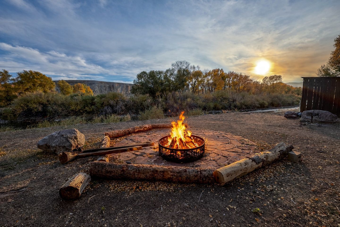 A campfire with logs and a metal fire pit in a natural setting with trees and a clear sky.