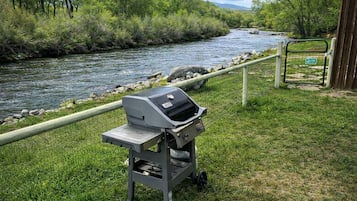 Un juego de parrilla portátil cerca de un río, con una valla y una puerta al fondo.