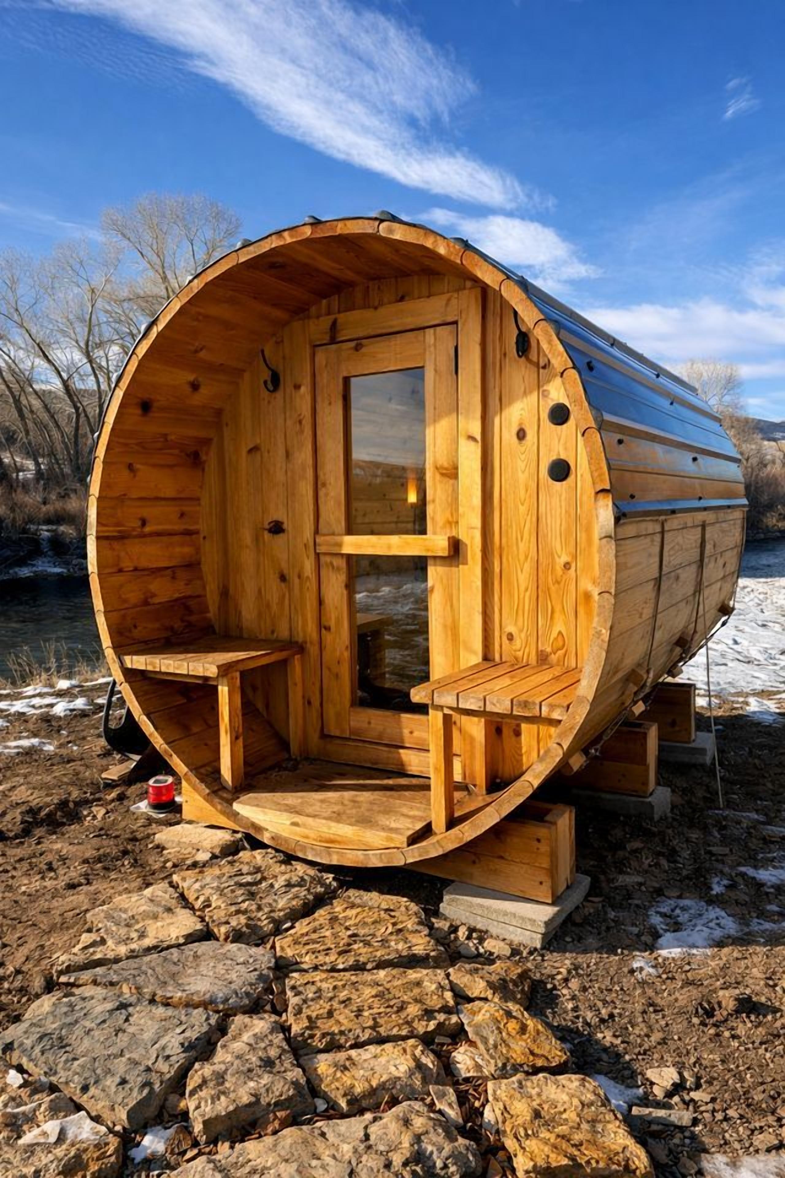 Una estructura en forma de barril de madera con un banco y una puerta, ubicada sobre terreno rocoso con un cielo despejado al fondo.