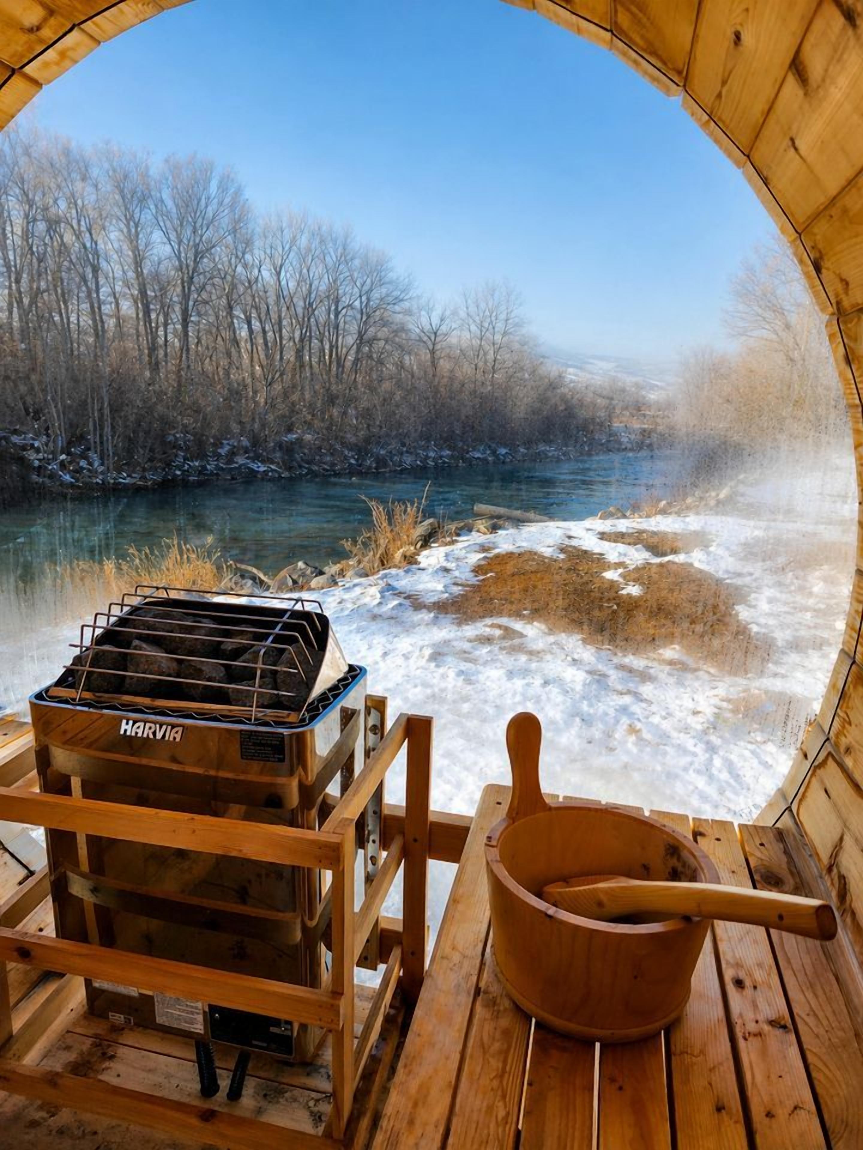 A wooden grill and a wooden bowl on a bench with a view of a river and trees.