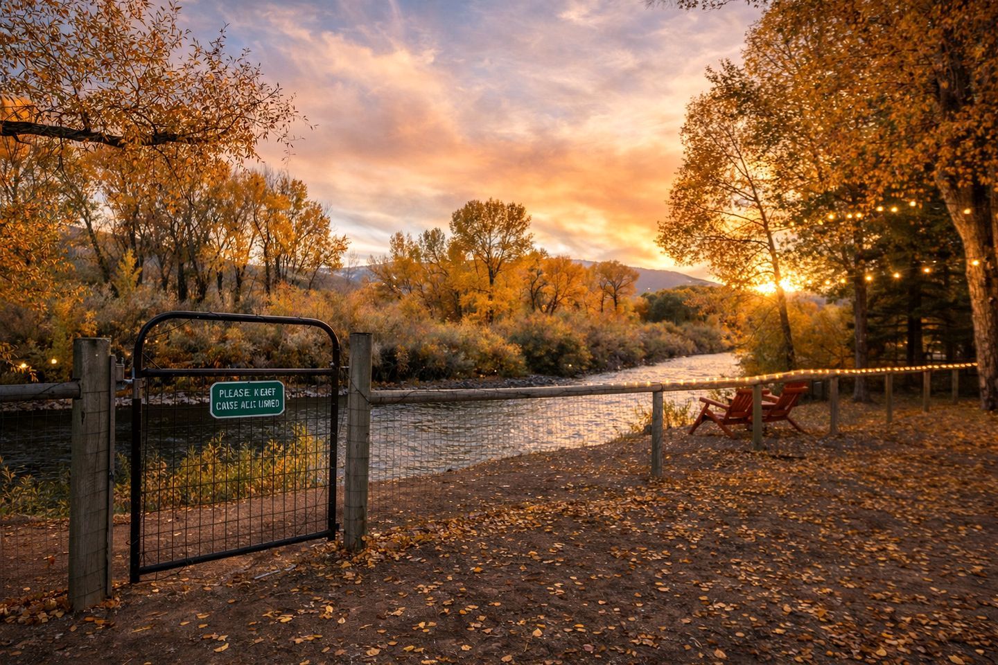 A gated entrance with a sign, a river, and autumn foliage.