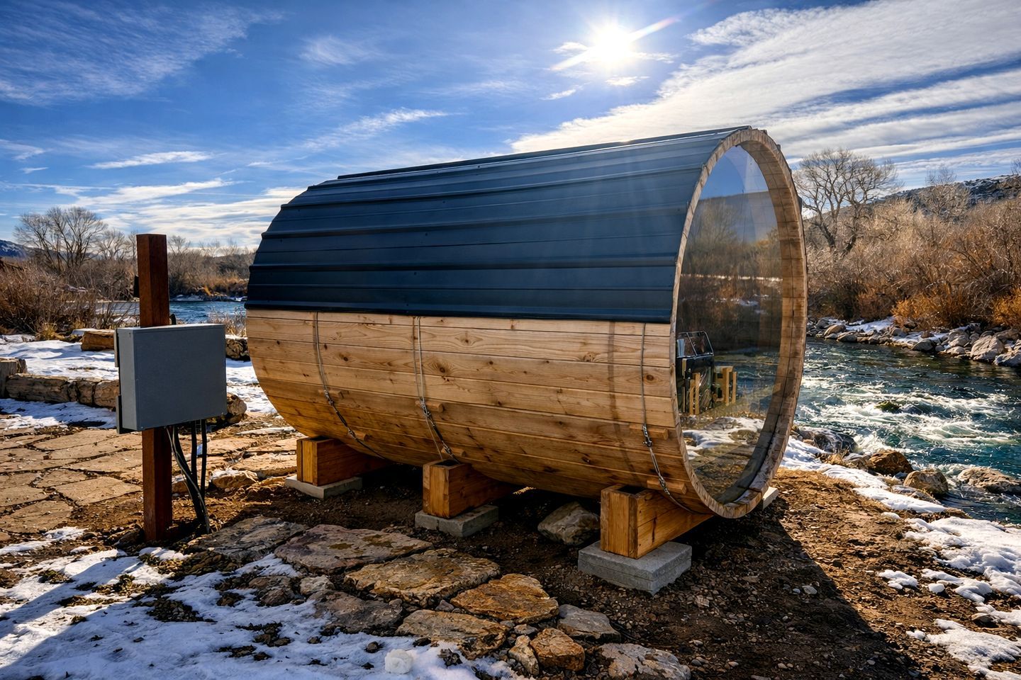 A cylindrical structure with a transparent side, supported by wooden legs, near a river with a clear sky.