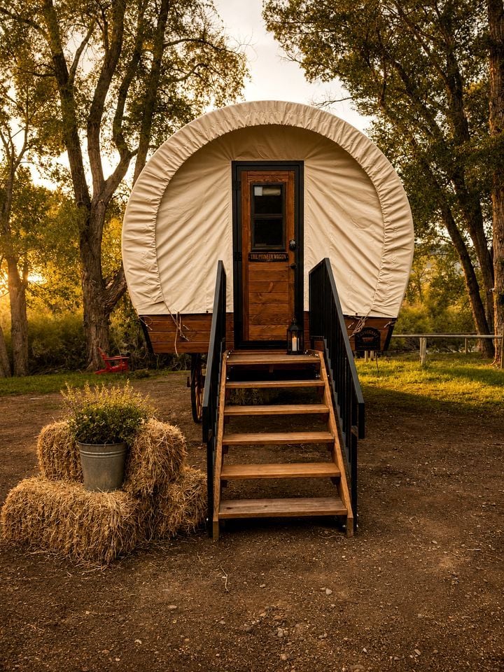 A covered outdoor structure with a wooden door and a set of stairs leading up to it.