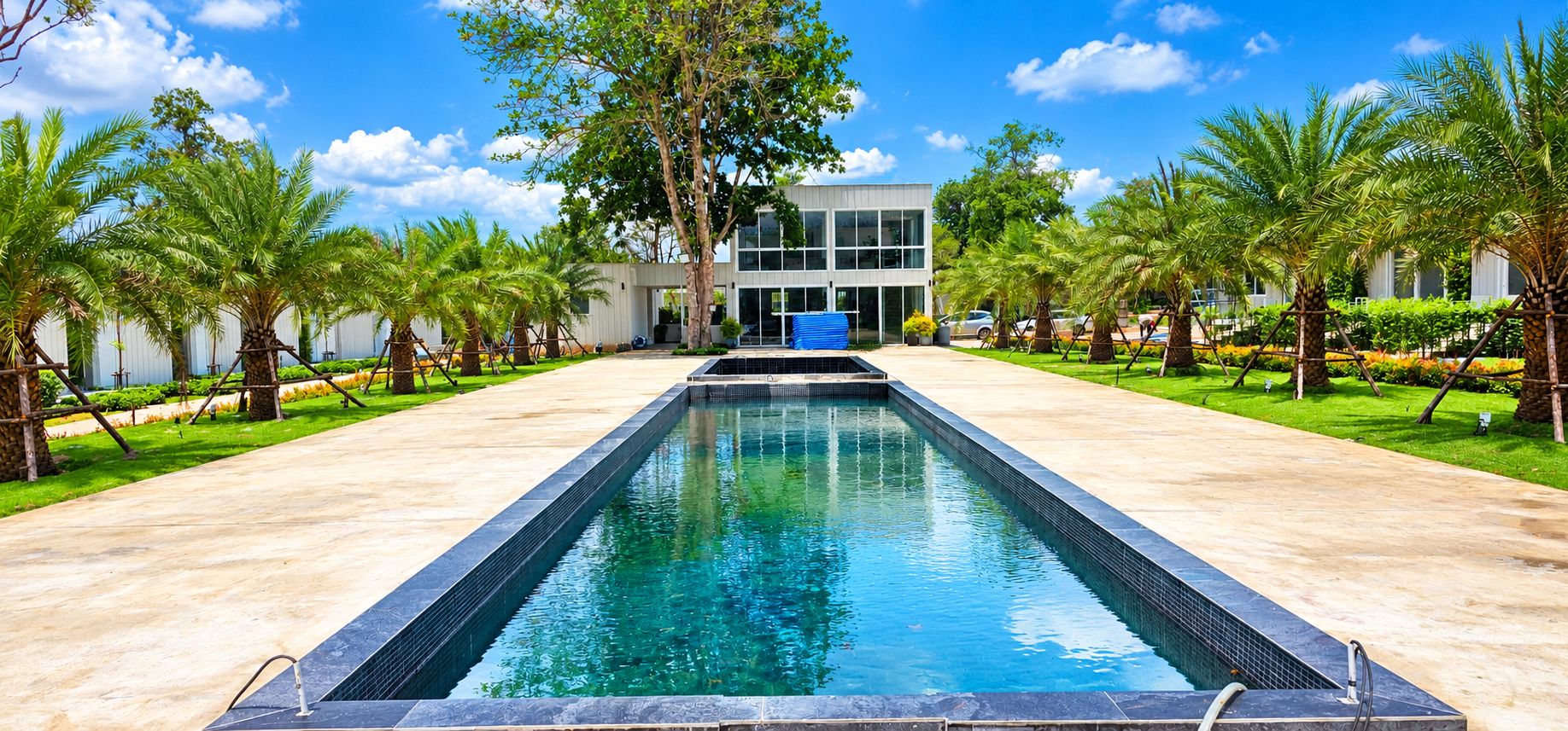 Piscina retangular com superfície de água azul límpida, rodeada por um calçadão e palmeiras.