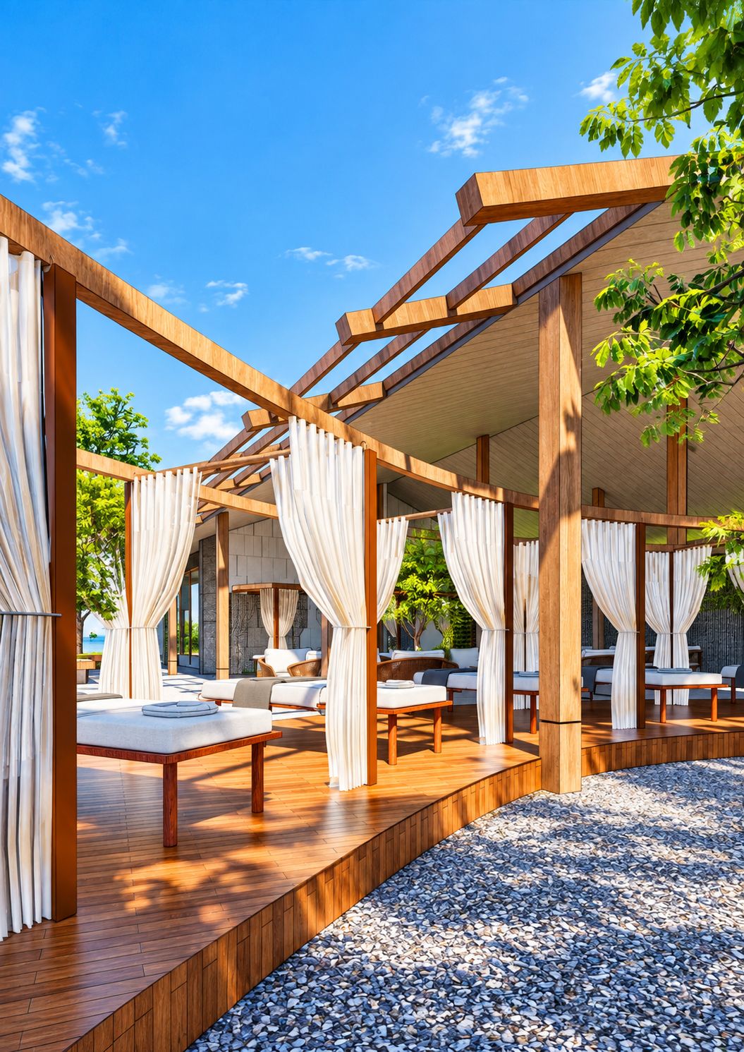 A covered outdoor seating area with wooden beams and white curtains, featuring cushioned seating and a pebble ground.