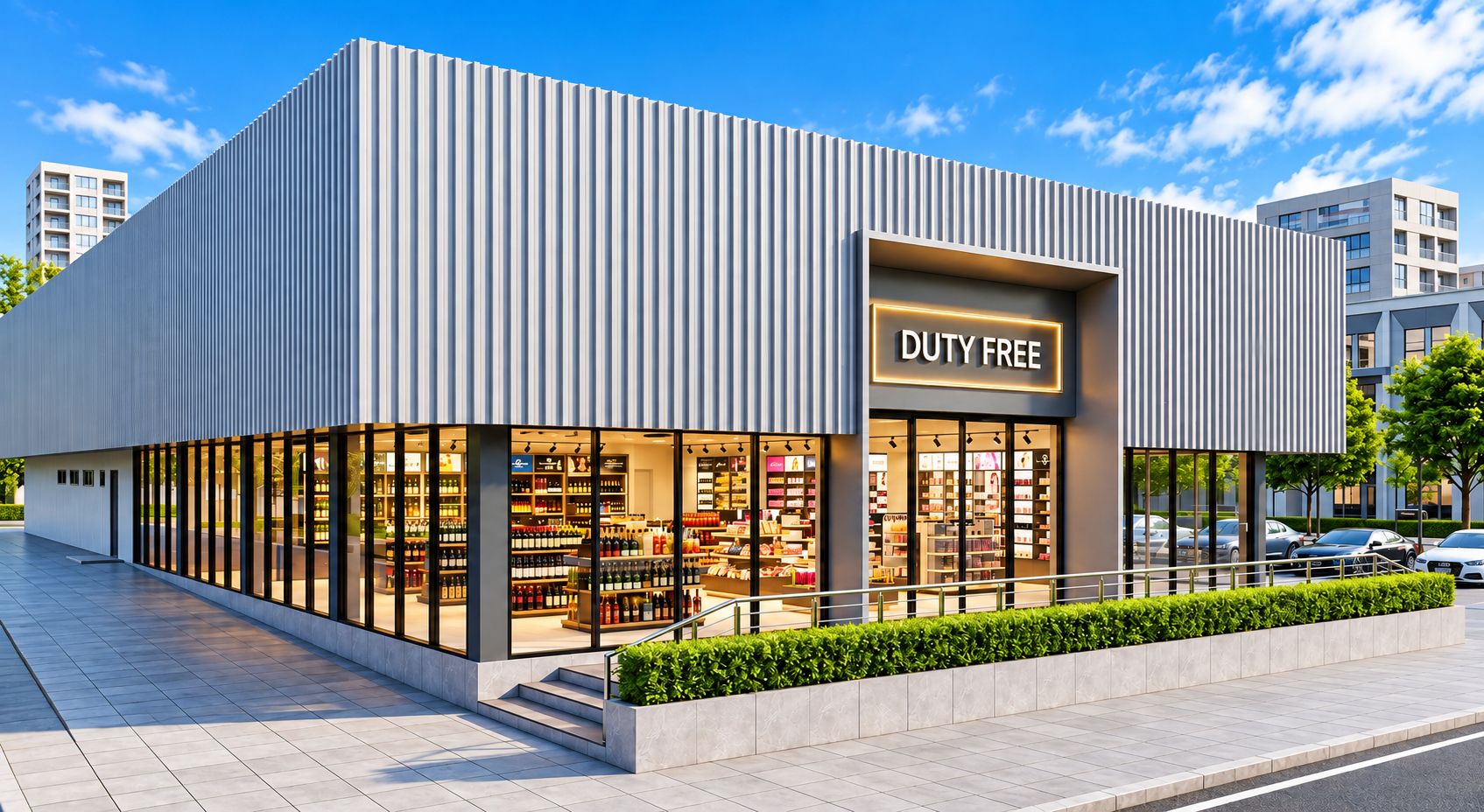 Een modern gebouw met een 'Duty Free' bord, grote glazen ramen en een strak, eigentijds design.