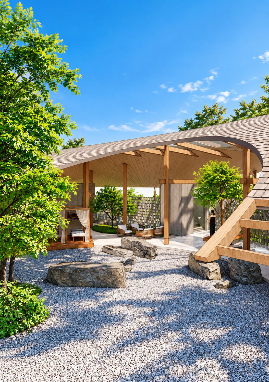 Een overdekt terras met stenen zitplaatsen en een houten pergola.