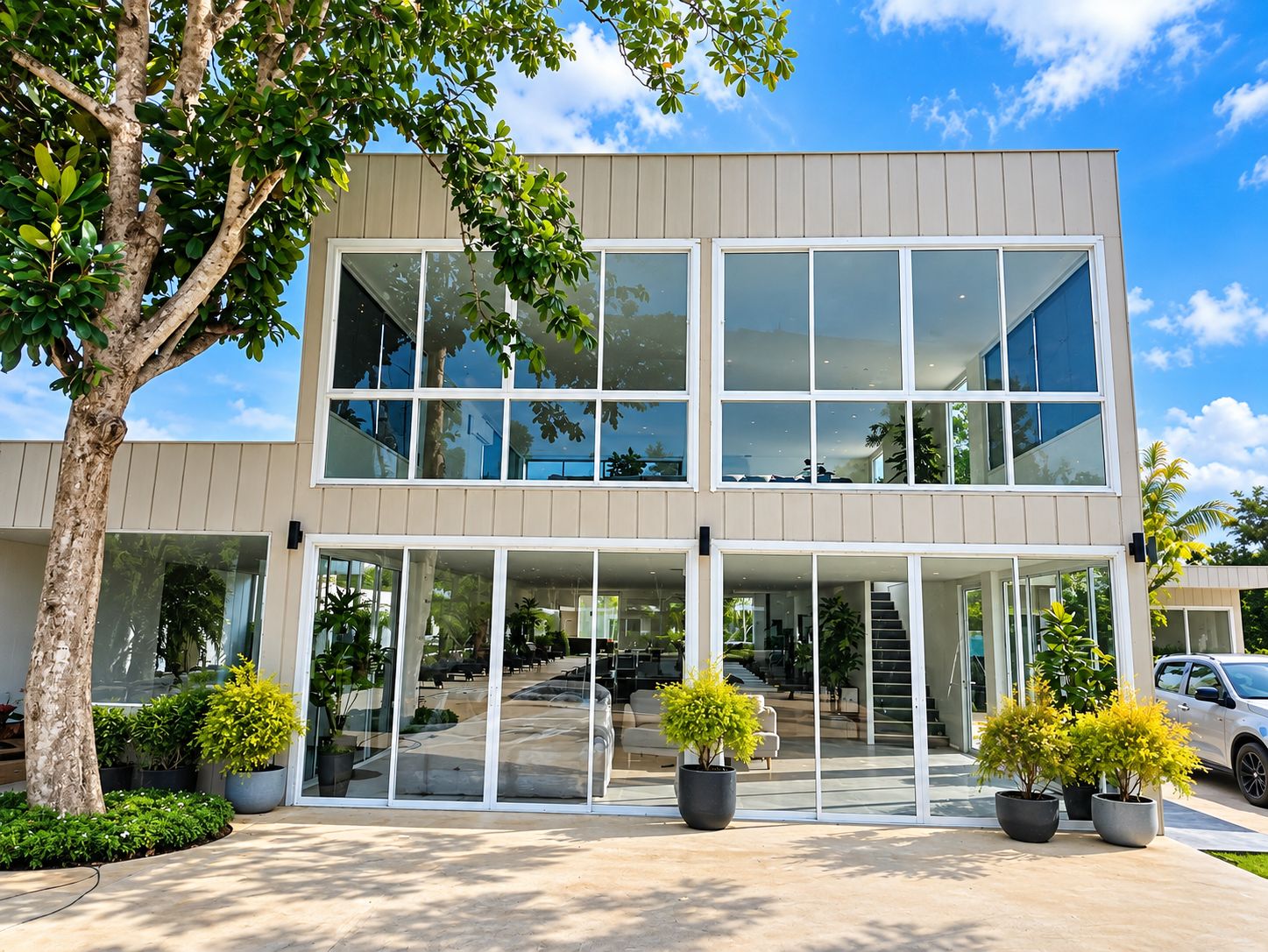 A modern building with large windows, a staircase, and potted plants.