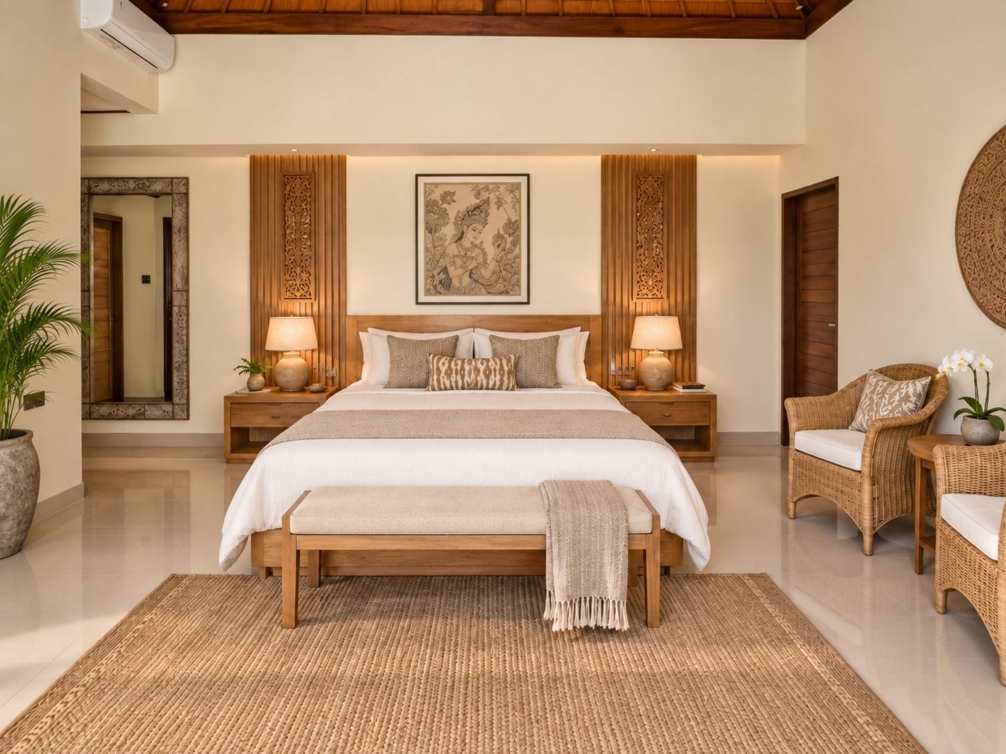 Un dormitorio espacioso con una cama grande, dos mesitas de noche con lámparas, un espejo decorativo y una silla de mimbre con una planta en maceta.