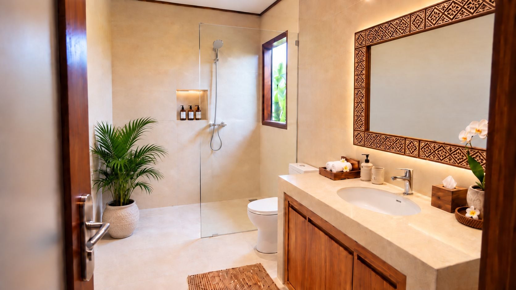 Un bagno moderno con doccia, WC e lavabo con specchio.