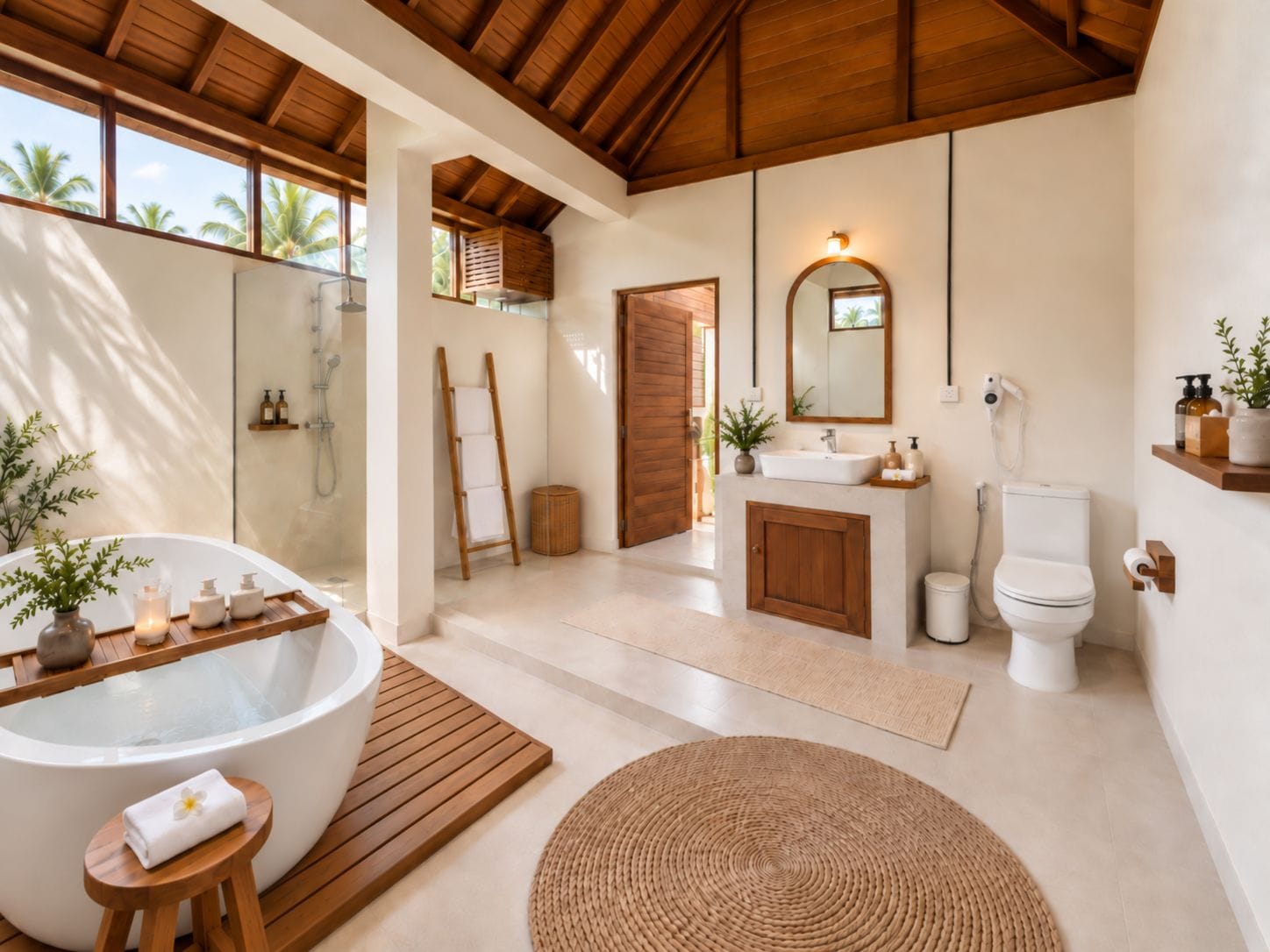 Un baño moderno con una bañera independiente, ducha, inodoro y tocador con espejo.