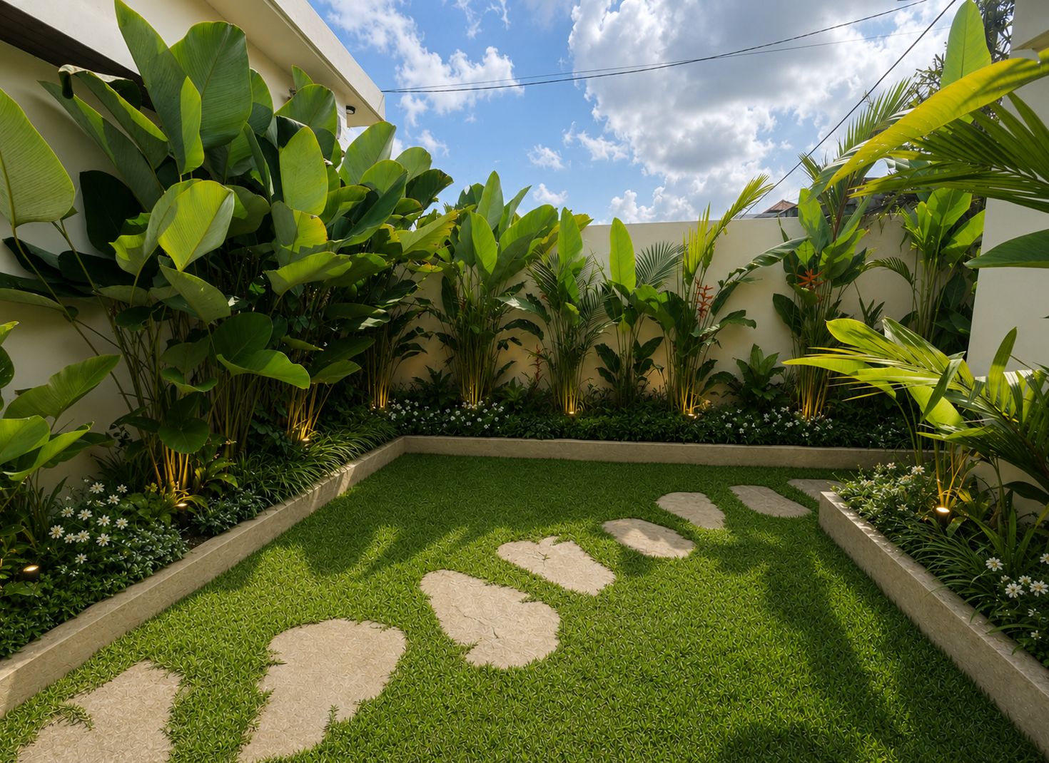 Un giardino curato con erba sintetica, pietre per il cammino e diverse piante tropicali.