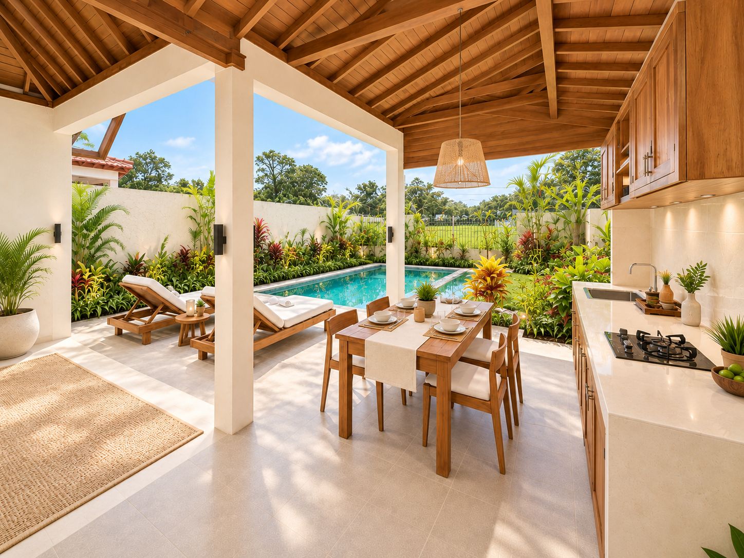 Un área de comedor al aire libre con techo, una piscina y abundante vegetación.