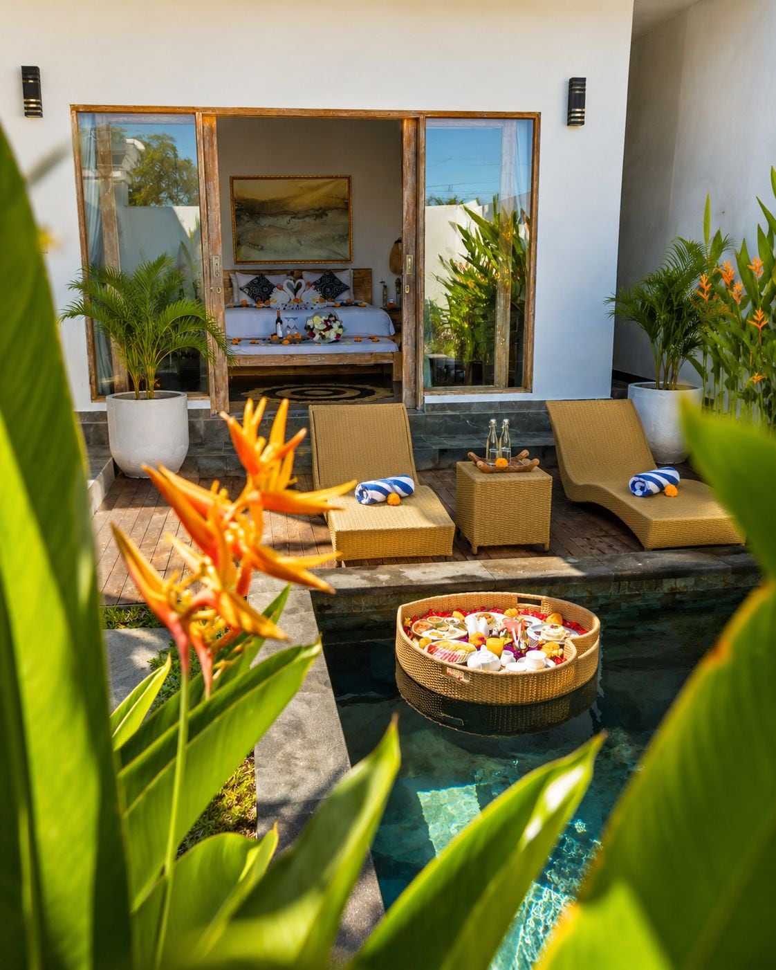 A modern outdoor pool area with lounge chairs, a dining table, and a bed with a view.