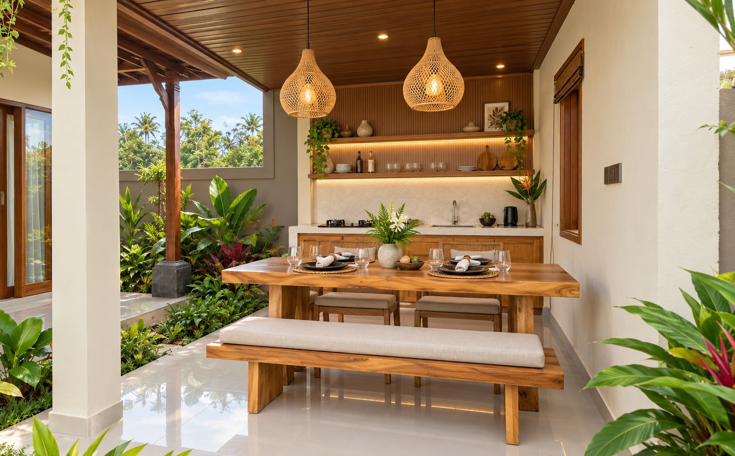 Un comedor moderno con una mesa de madera, bancos, luces colgantes y vistas a exuberante vegetación.