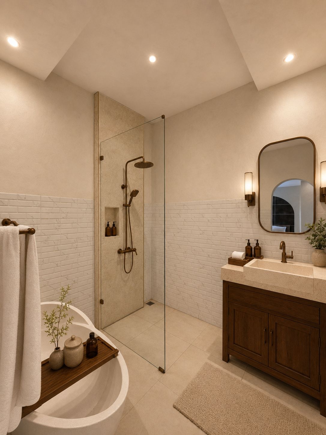 Un baño moderno con ducha acristalada, bañera independiente, tocador con lavabo y espejo.