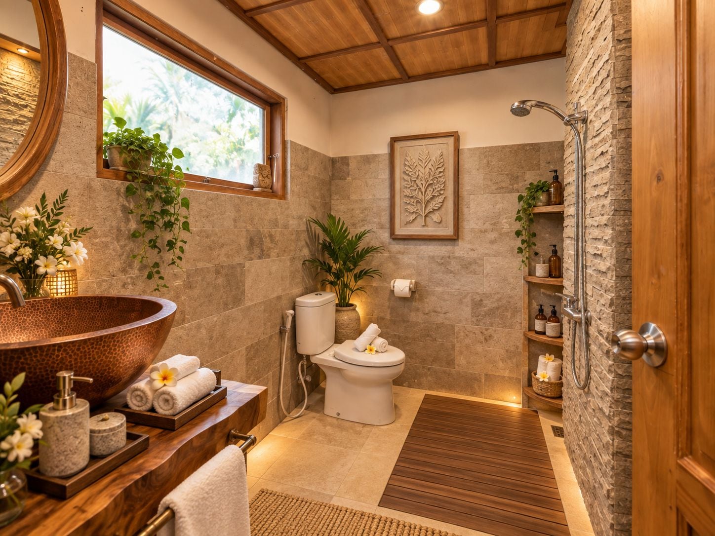 A bathroom with a large copper sink, a toilet, a shower, and a wooden vanity with towels.