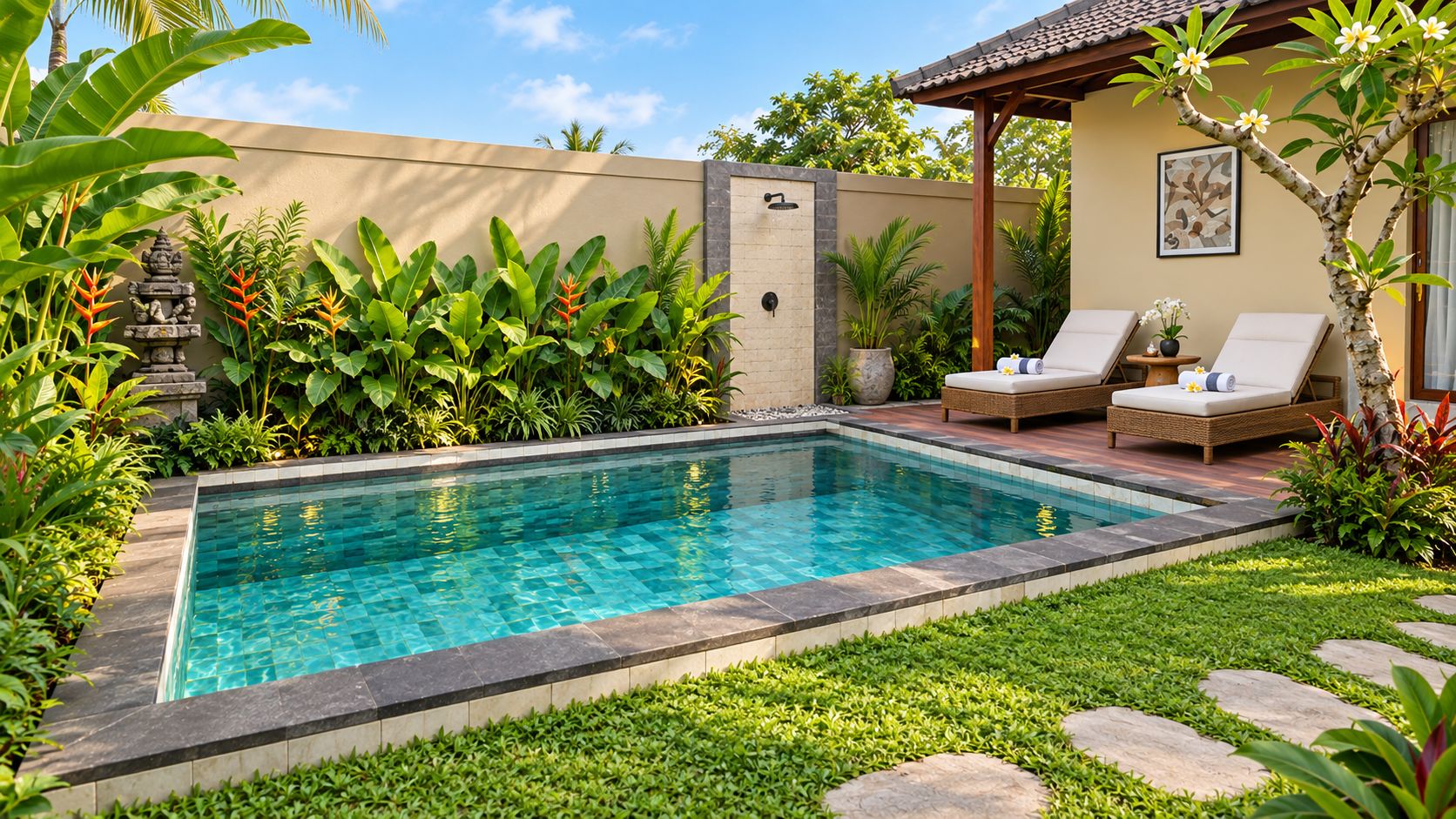 A rectangular swimming pool with a tiled edge, surrounded by a well-maintained lawn and various tropical plants.