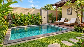 A rectangular swimming pool with a tiled edge, surrounded by a well-maintained lawn and various tropical plants.