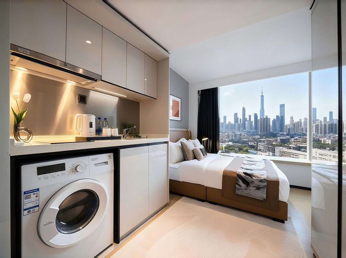 Ein modernes Hotelzimmer mit Blick auf die Stadtlandschaft, einer Waschmaschine und einem Bett mit Blick auf die Skyline.