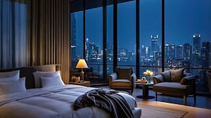 Habitación de hotel con una cama grande, un escritorio, dos sillas y vistas a un horizonte urbano nocturno.