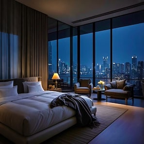 Camera d'albergo con un letto grande, una scrivania, due sedie e vista sullo skyline cittadino di notte.