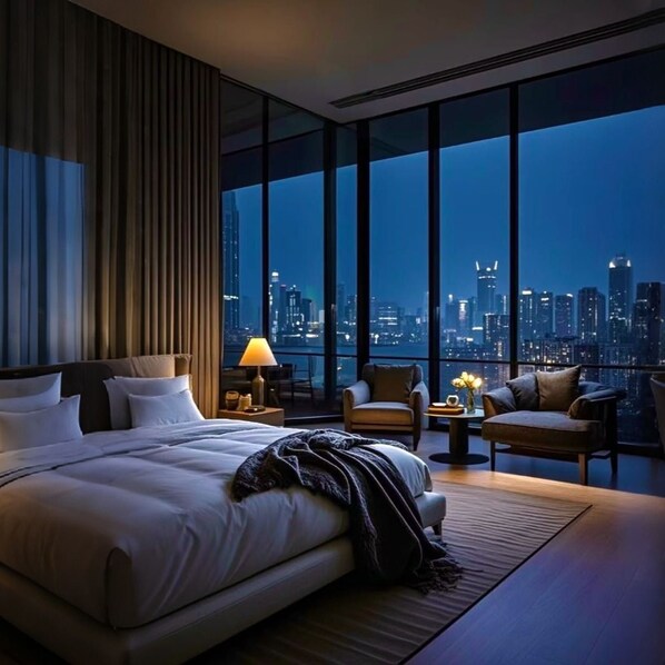 A hotel room with a large bed, a desk, two chairs, and a view of a city skyline at night. - Yufei Smart City View Residence (Guangzhou)