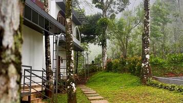 A pathway leading to a building with a modern design, surrounded by lush greenery and trees.