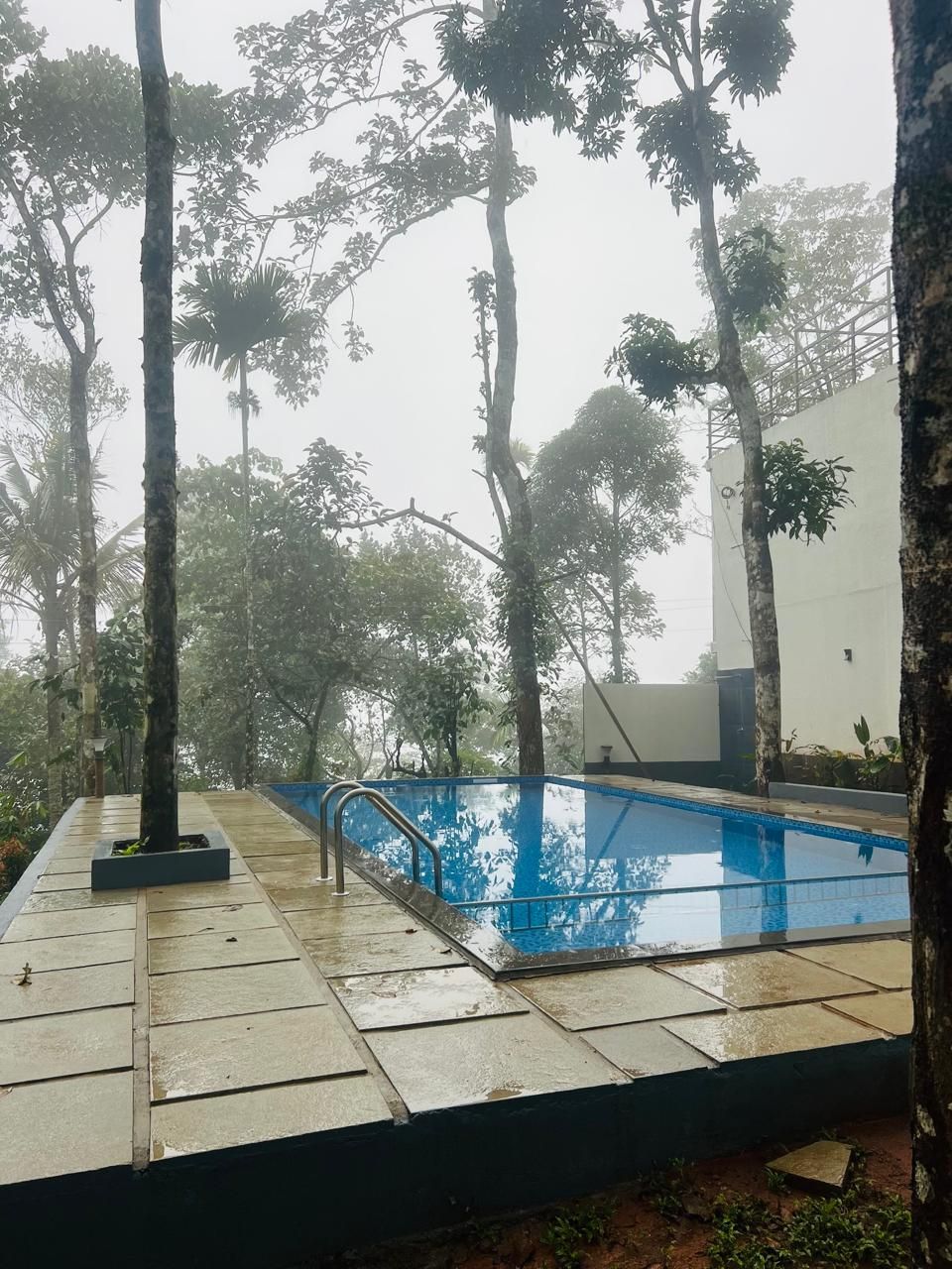 A swimming pool with a blue interior, surrounded by trees and a white building in the background.
