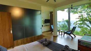 A bedroom with a bed, a ceiling fan, a TV, and a view of the outdoors.