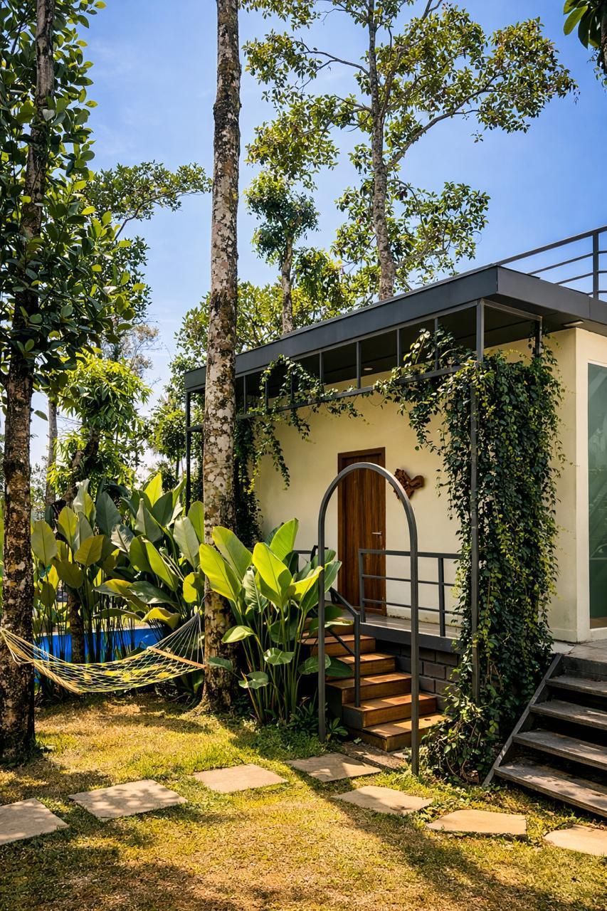 Un edificio moderno con puerta de madera, una escalera y una hamaca en un jardín.