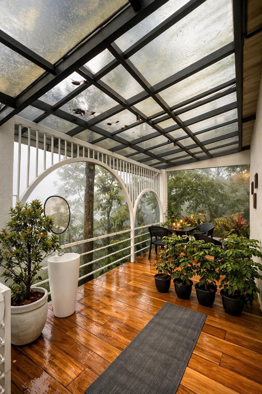 Un espacio al aire libre techado con piso de madera, plantas en macetas, un lavamanos blanco sobre pedestal y una mesa con sillas.