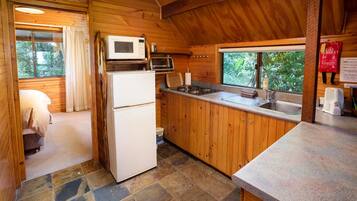 A compact kitchen with a refrigerator, microwave, and stove.