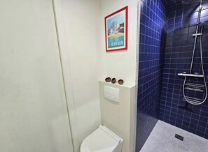 Ein Badezimmer mit einer weißen Toilette, einer Dusche mit blau gefliesten Wänden und einem Bilderrahmen mit einem Bild eines Küstengebäudes.