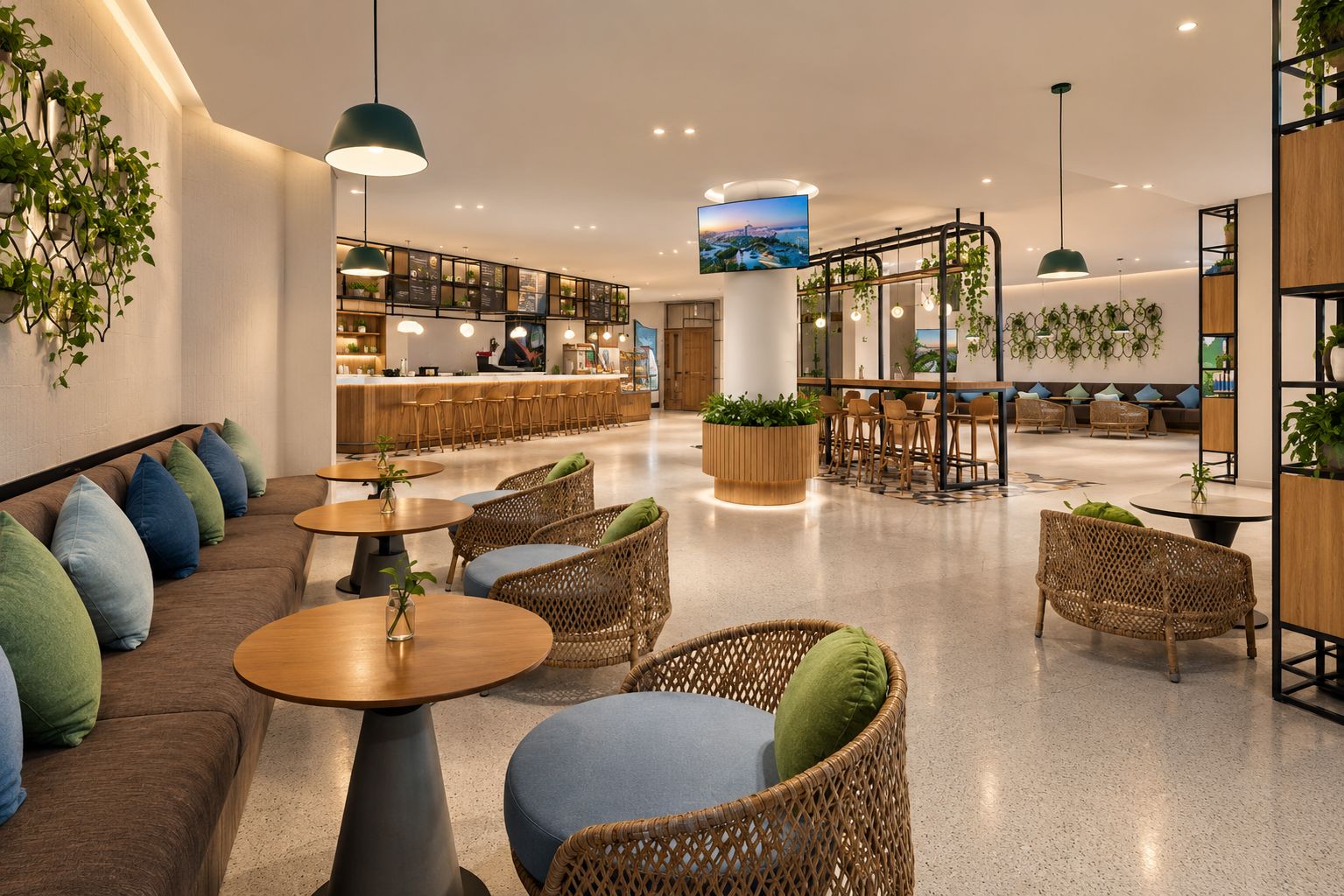 A modern lounge area with seating arrangements, a bar, and a television screen.