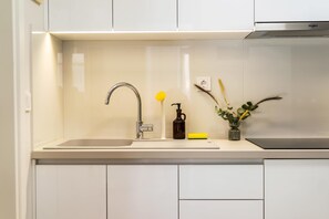 A modern kitchen with a stainless steel sink, a faucet, a soap dispenser, and a potted plant. - FiftySeven Athens - Quieter Pace, Balcony | 003 (Athina)