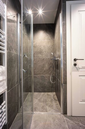 Ein modernes Badezimmer mit einer Glaskabine zur Dusche, einem Handtuchhalter und einer Tür.