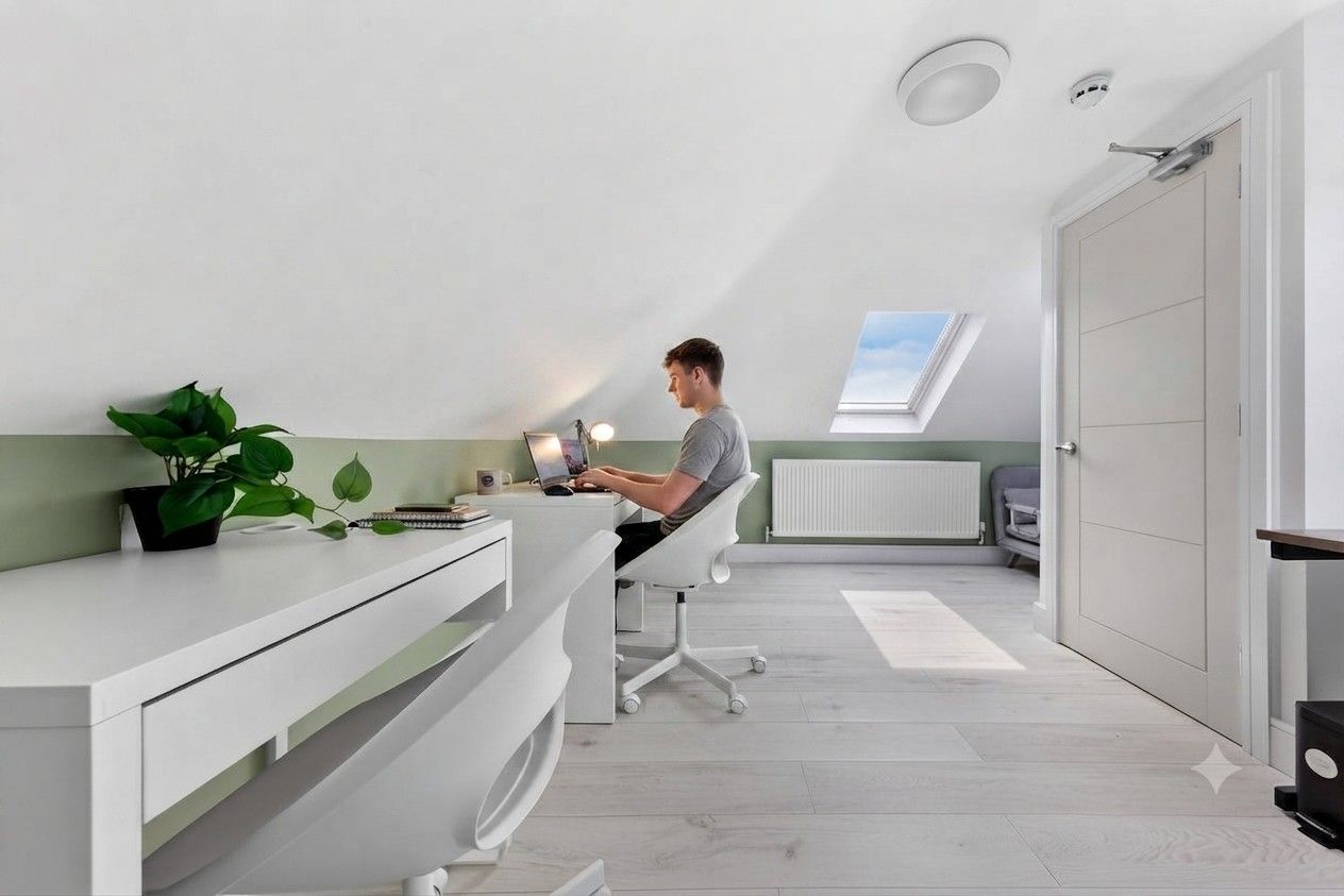 Una habitación moderna y luminosa con tragaluz, un escritorio blanco y una planta en maceta.