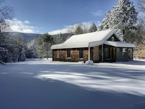 A wooden cabin with a snow-covered roof, surrounded by snow-covered trees and a clear sky. - The Paradise Cabin w/ Sauna - 10 min to the Falls (Elka Park)