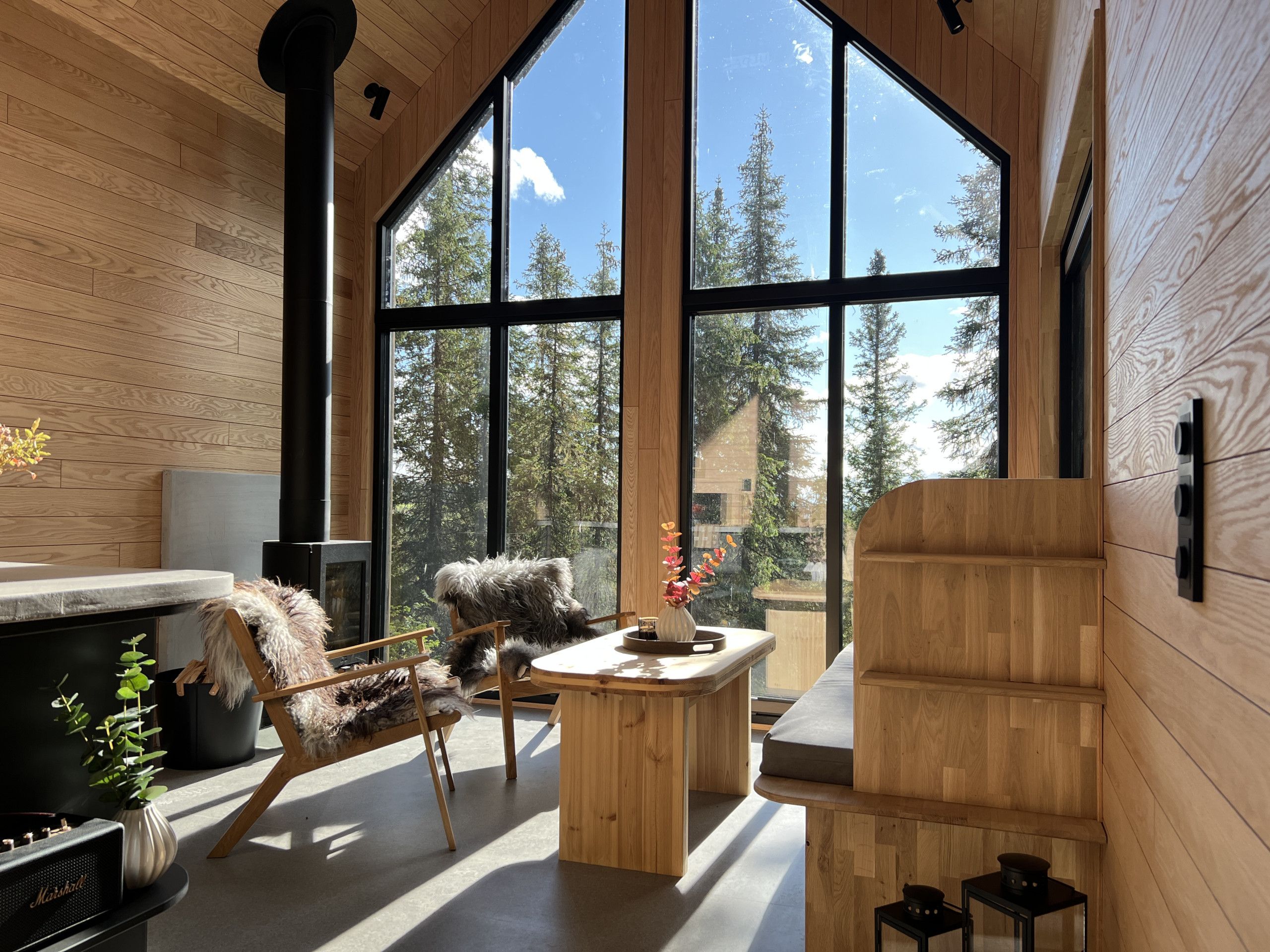 A modern interior with large windows, a fireplace, and wooden furniture.