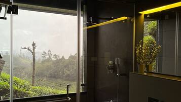 A modern bathroom with a glass shower enclosure, a toilet, and a sink.